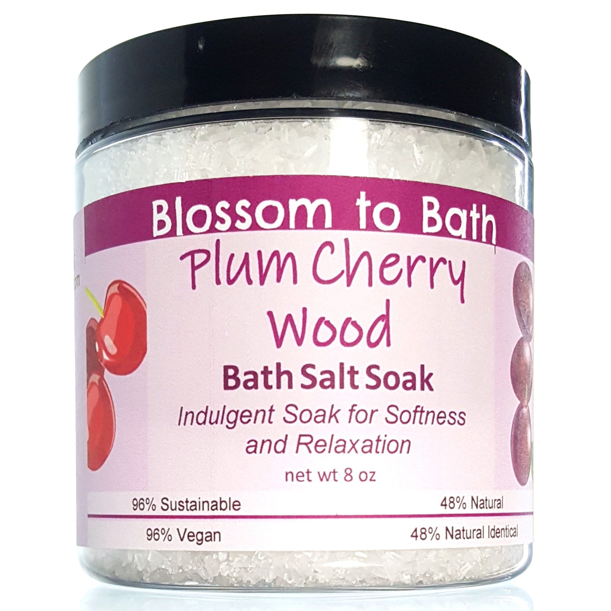 Buy Blossom to Bath Plum Cherry Wood Bath Salt Soak from Flowersong Soap Studio.  Scented epsom salts for a luxurious soaking experience  A charmingly sweet and woodsy fragrance.
