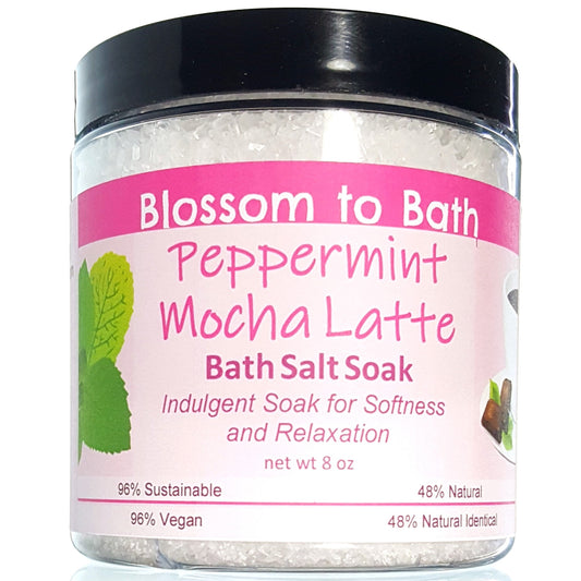 Buy Blossom to Bath Peppermint Mocha Latte Bath Salt Soak from Flowersong Soap Studio.  Scented epsom salts for a luxurious soaking experience  A confectionary blend of fresh mint, rich fudge, and coffee.