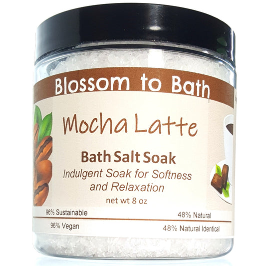 Buy Blossom to Bath Mocha Latte Bath Salt Soak from Flowersong Soap Studio.  Scented epsom salts for a luxurious soaking experience  Deep rich chocolate and fragrant coffee combine to form this gourmet coffee smell-alike scent.