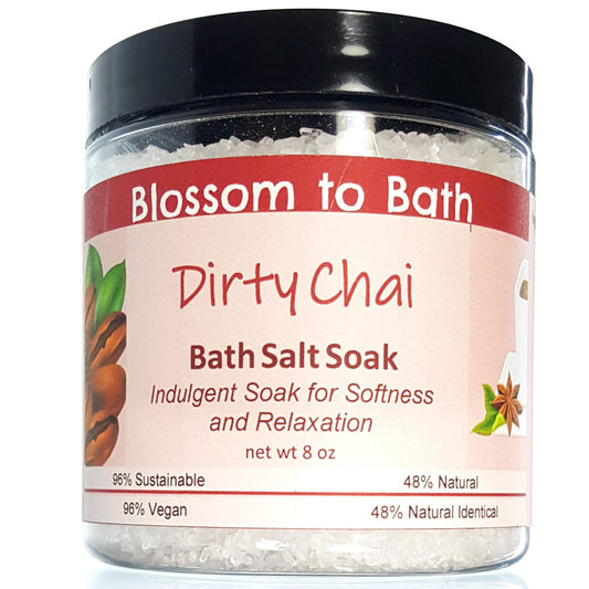 Buy Blossom to Bath Dirty Chai Bath Salt Soak from Flowersong Soap Studio.  Scented epsom salts for a luxurious soaking experience  A shot of rich espresso in a swirl of exotic warm clove and cardamom.