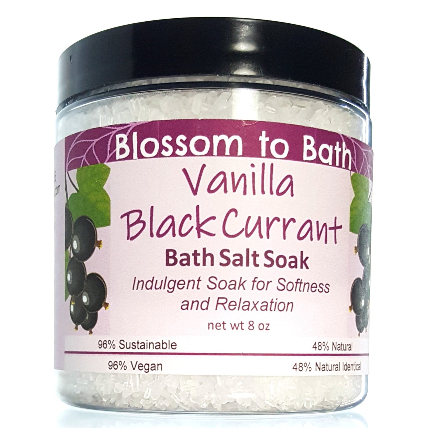 Buy Blossom to Bath Vanilla Black Currant Bath Salt Soak from Flowersong Soap Studio.  Scented epsom salts for a luxurious soaking experience  A sensuous rich berry scent with a hint of vanilla and a twist of freshness.