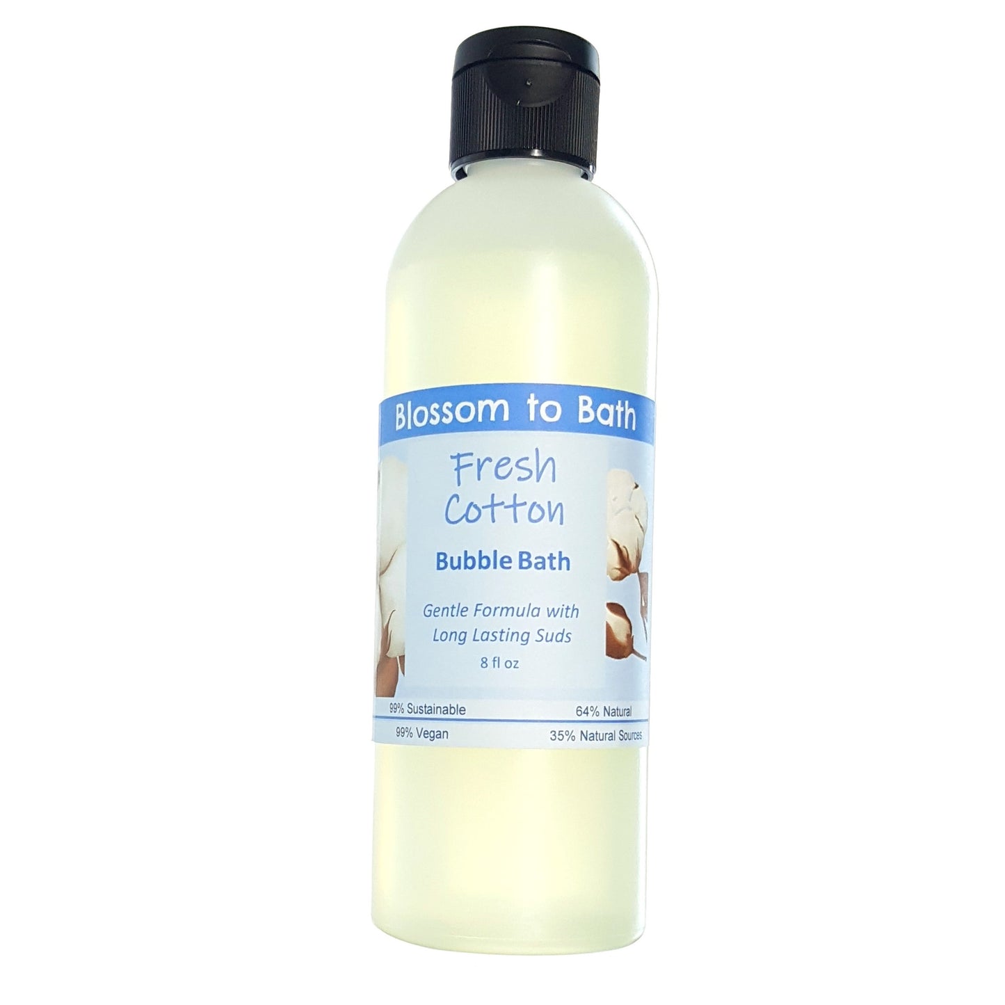 Buy Blossom to Bath Fresh Cotton Bubble Bath from Flowersong Soap Studio.  Lively, long lasting  bubbles in a gentle plant based formula for maximum relaxation time  Smells like clean sheets drying in a breeze of spring blossoms.