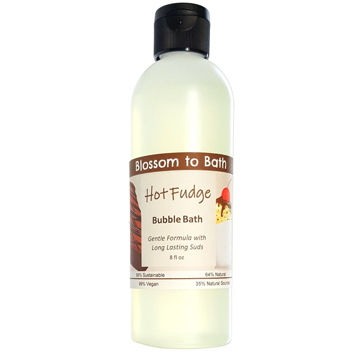 Buy Blossom to Bath Hot Fudge Bubble Bath from Flowersong Soap Studio.  Lively, long lasting  bubbles in a gentle plant based formula for maximum relaxation time  The fragrance is three layers deep in rich chocolate.
