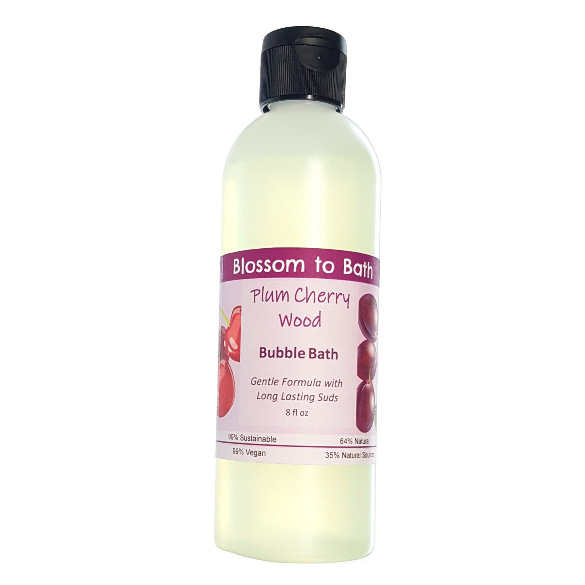 Buy Blossom to Bath Plum Cherry Wood Bubble Bath from Flowersong Soap Studio.  Lively, long lasting  bubbles in a gentle plant based formula for maximum relaxation time  A charmingly sweet and woodsy fragrance.
