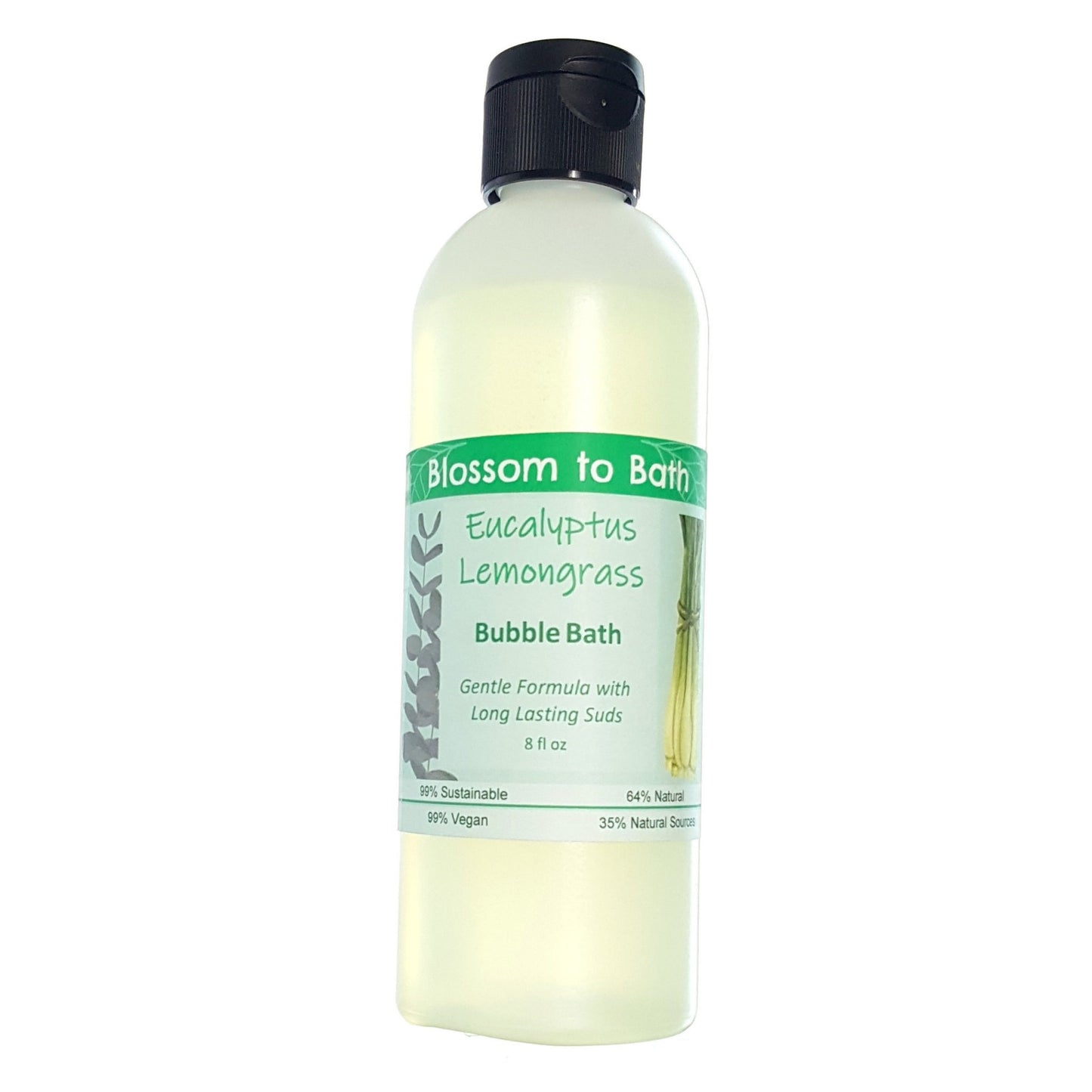 Buy Blossom to Bath Eucalyptus Lemongrass Bubble Bath from Flowersong Soap Studio.  Lively, long lasting  bubbles in a gentle plant based formula for maximum relaxation time  Fresh, sweet herbally clean scent of lemongrass and bracing Eucalyptus.