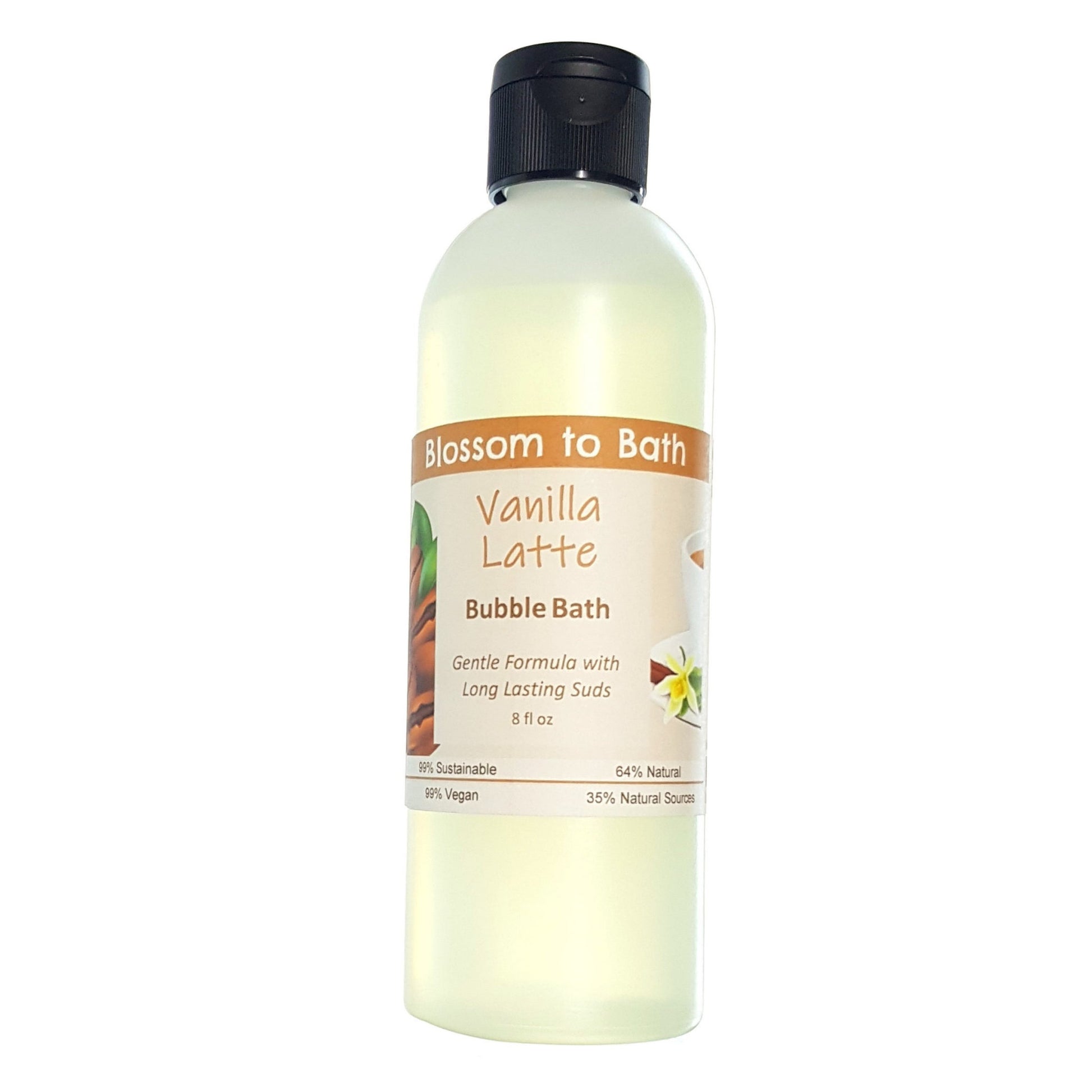 Buy Blossom to Bath Vanilla Latte Bubble Bath from Flowersong Soap Studio.  Lively, long lasting  bubbles in a gentle plant based formula for maximum relaxation time  Sweetened vanilla combines with rich coffee to form the classic latte scent.