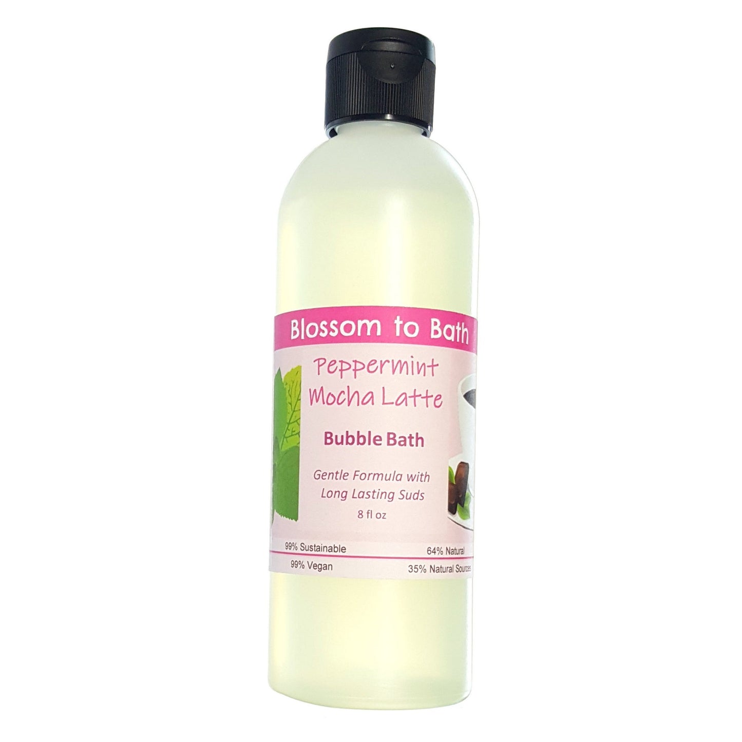 Buy Blossom to Bath Peppermint Mocha Latte Bubble Bath from Flowersong Soap Studio.  Lively, long lasting  bubbles in a gentle plant based formula for maximum relaxation time  A confectionary blend of fresh mint, rich fudge, and coffee.