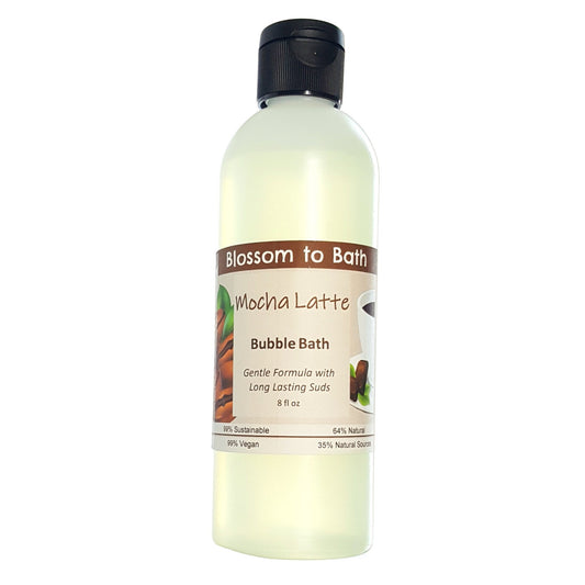 Buy Blossom to Bath Mocha Latte Bubble Bath from Flowersong Soap Studio.  Lively, long lasting  bubbles in a gentle plant based formula for maximum relaxation time  Deep rich chocolate and fragrant coffee combine to form this gourmet coffee smell-alike scent.