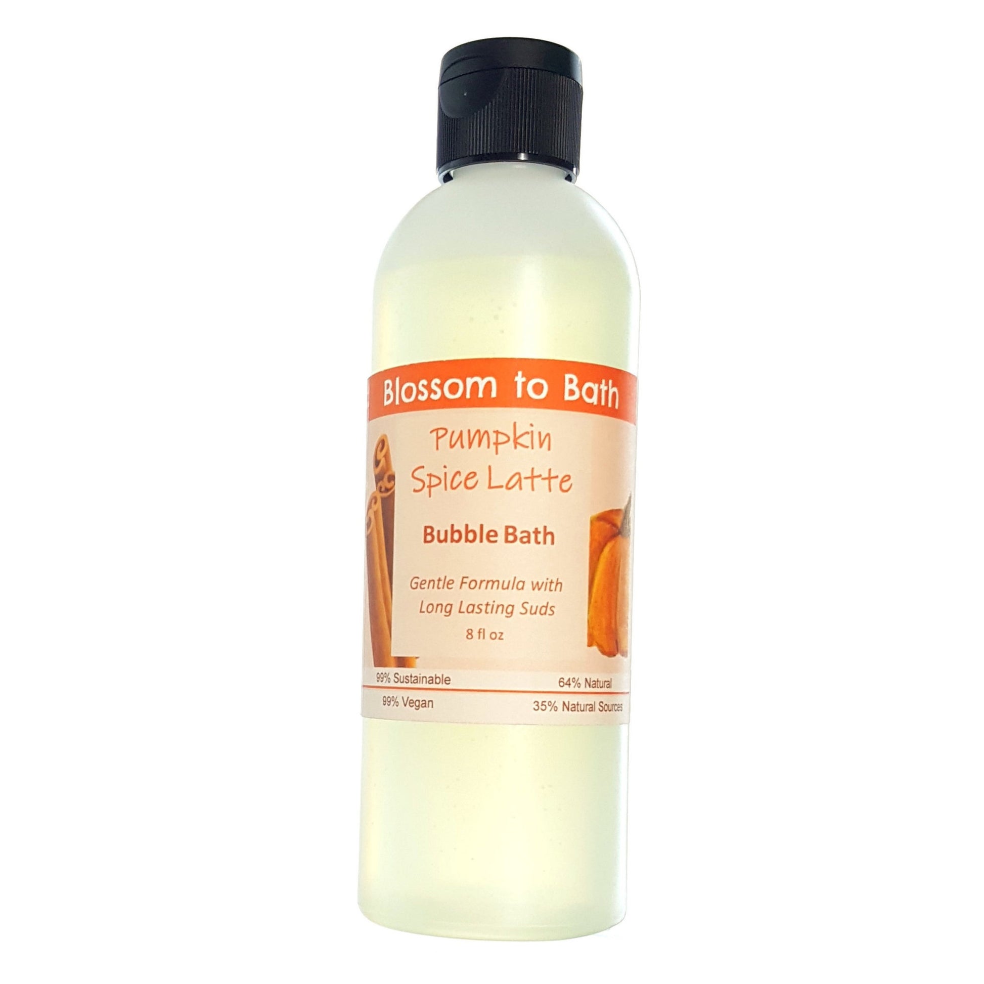 Buy Blossom to Bath Pumpkin Spice Latte Bubble Bath from Flowersong Soap Studio.  Lively, long lasting  bubbles in a gentle plant based formula for maximum relaxation time  Deep vanilla and lightly fruited spice blend seamlessly with rich coffee.