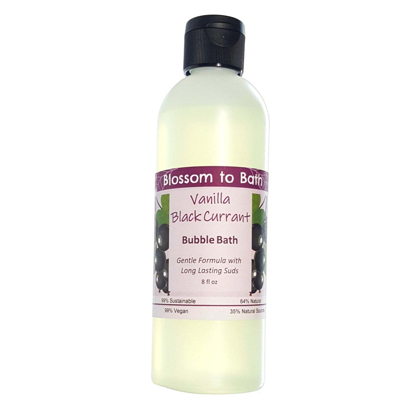 Buy Blossom to Bath Vanilla Black Currant Bubble Bath from Flowersong Soap Studio.  Lively, long lasting luxury bubbles in a gentle plant based formula for maximum relaxation time  A sensuous rich berry scent with a hint of vanilla and a twist of freshness.