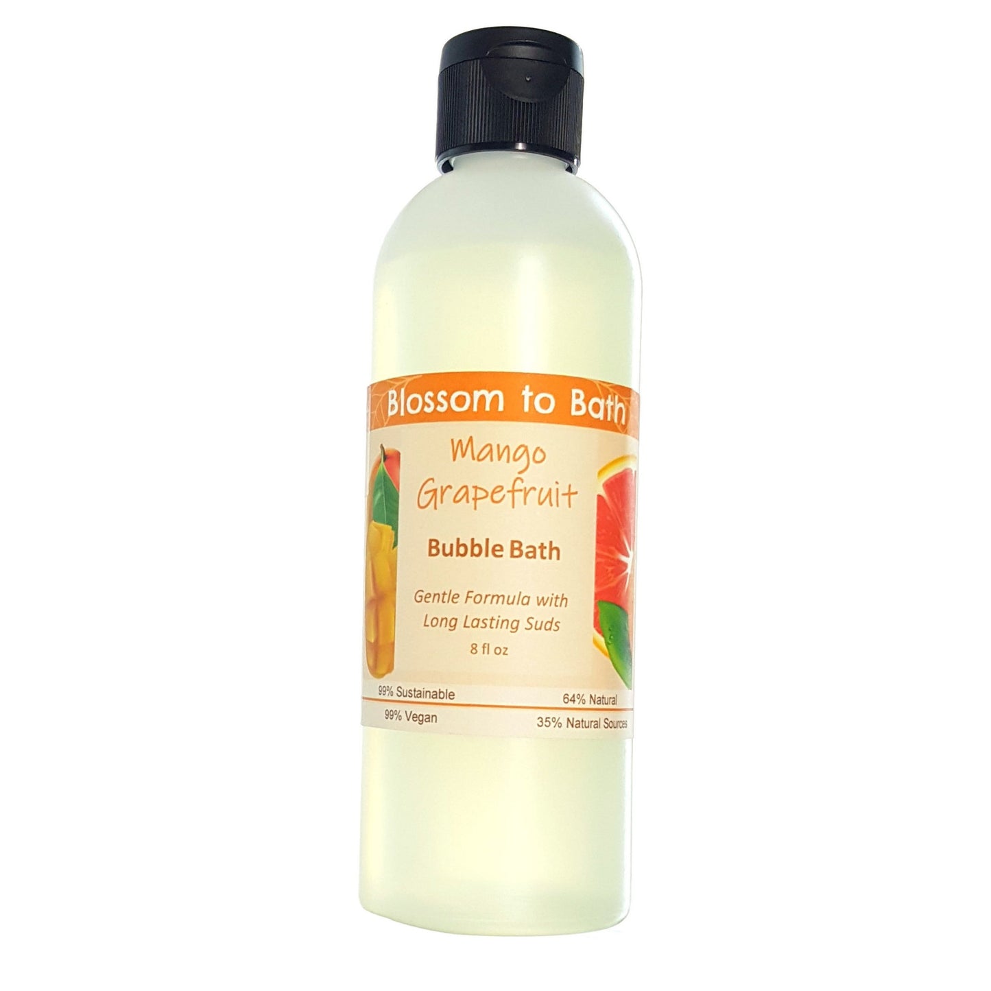 Buy Blossom to Bath Mango Grapefruit Bubble Bath from Flowersong Soap Studio.  Lively, long lasting luxury bubbles in a gentle plant based formula for maximum relaxation time  Exotic tropical fruits in a powdery puff of sophisticated freshness.