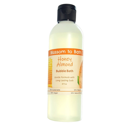 Buy Blossom to Bath Honey Almond Bubble Bath from Flowersong Soap Studio.  Lively, long lasting  bubbles in a gentle plant based formula for maximum relaxation time  Sweetly fragrant nutty almond drizzled with honey.