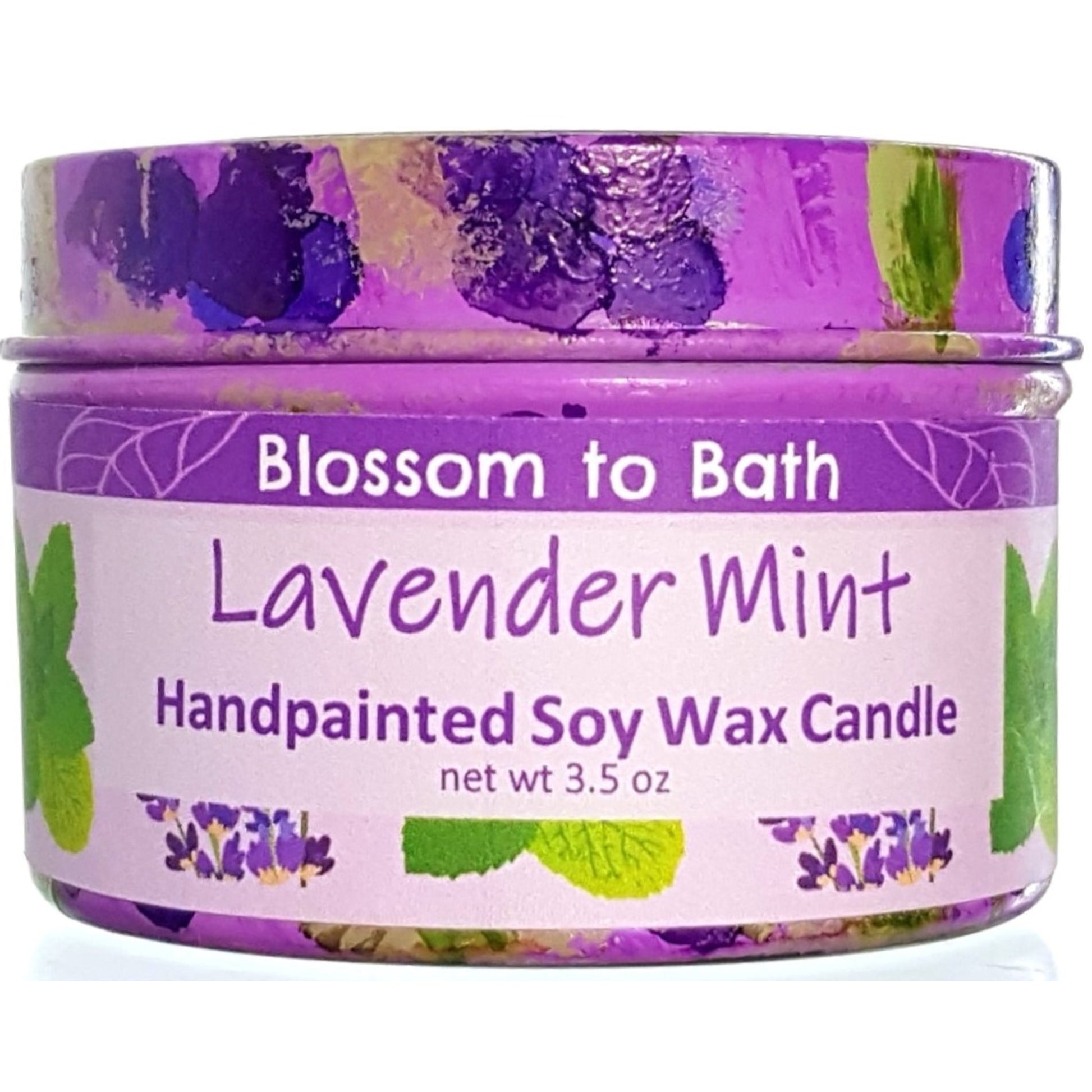 Buy Blossom to Bath Lavender Mint Handpainted Soy Wax Candle from Flowersong Soap Studio.  Enjoy one of a kind décor and fill the air with a charming fragrance that lasts for hours  A cheerfully relaxing combination of lavender and peppermint.