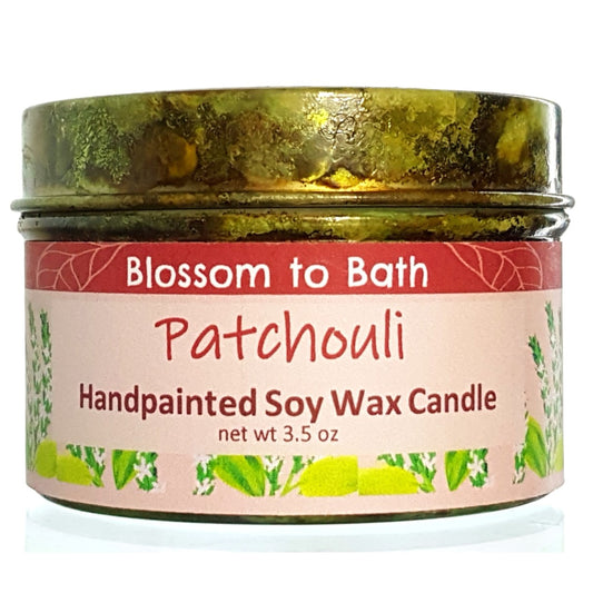 Buy Blossom to Bath Patchouli Handpainted Soy Wax Candle from Flowersong Soap Studio.  Enjoy one of a kind décor and fill the air with a charming fragrance that lasts for hours  The pure earthy, woody, spicy scent of straight Patchouli.