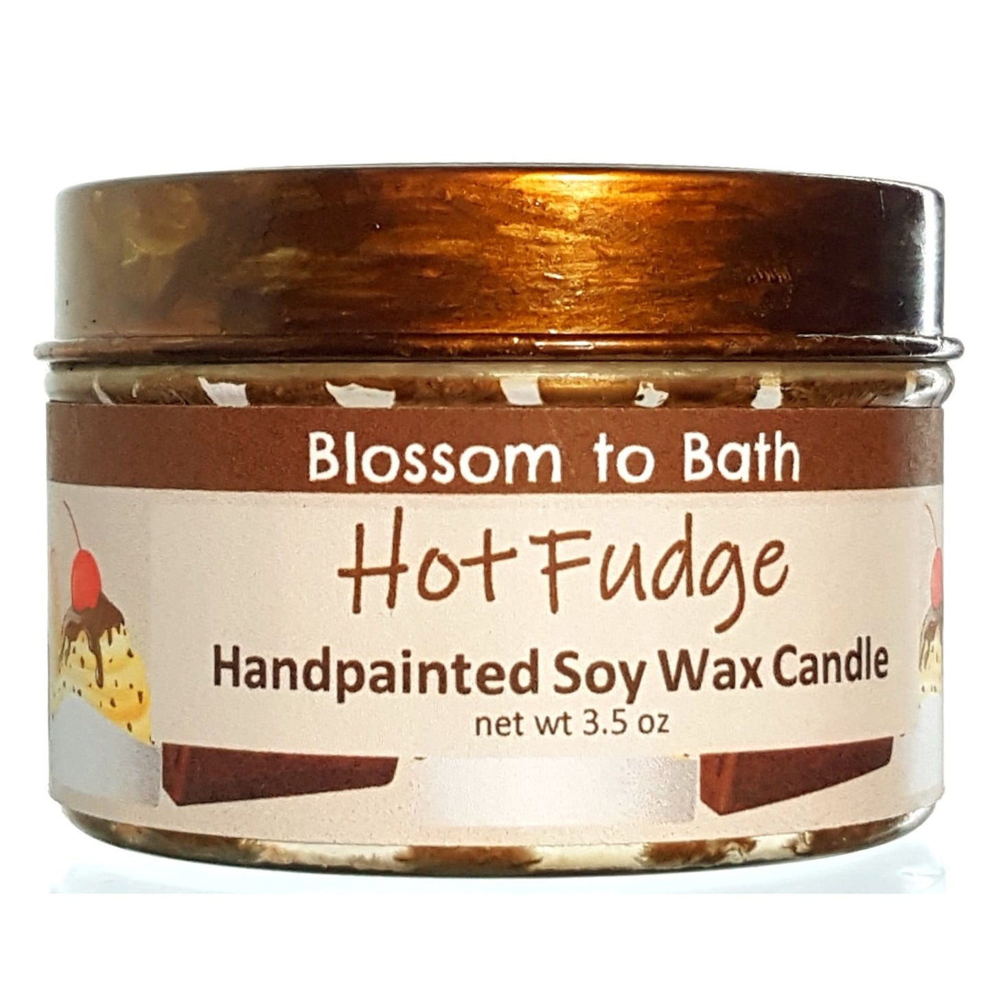 Buy Blossom to Bath Hot Fudge Handpainted Soy Wax Candle from Flowersong Soap Studio.  Enjoy one of a kind décor and fill the air with a charming fragrance that lasts for hours  The fragrance is three layers deep in rich chocolate.