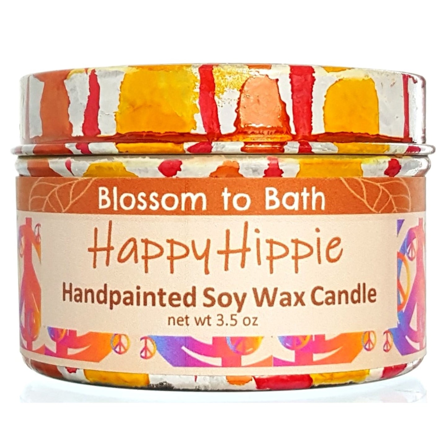 Buy Blossom to Bath Happy Hippie Handpainted Soy Wax Candle from Flowersong Soap Studio.  Enjoy one of a kind décor and fill the air with a charming fragrance that lasts for hours  A refreshing herbal fragrance that elevates your mood and your perspective.