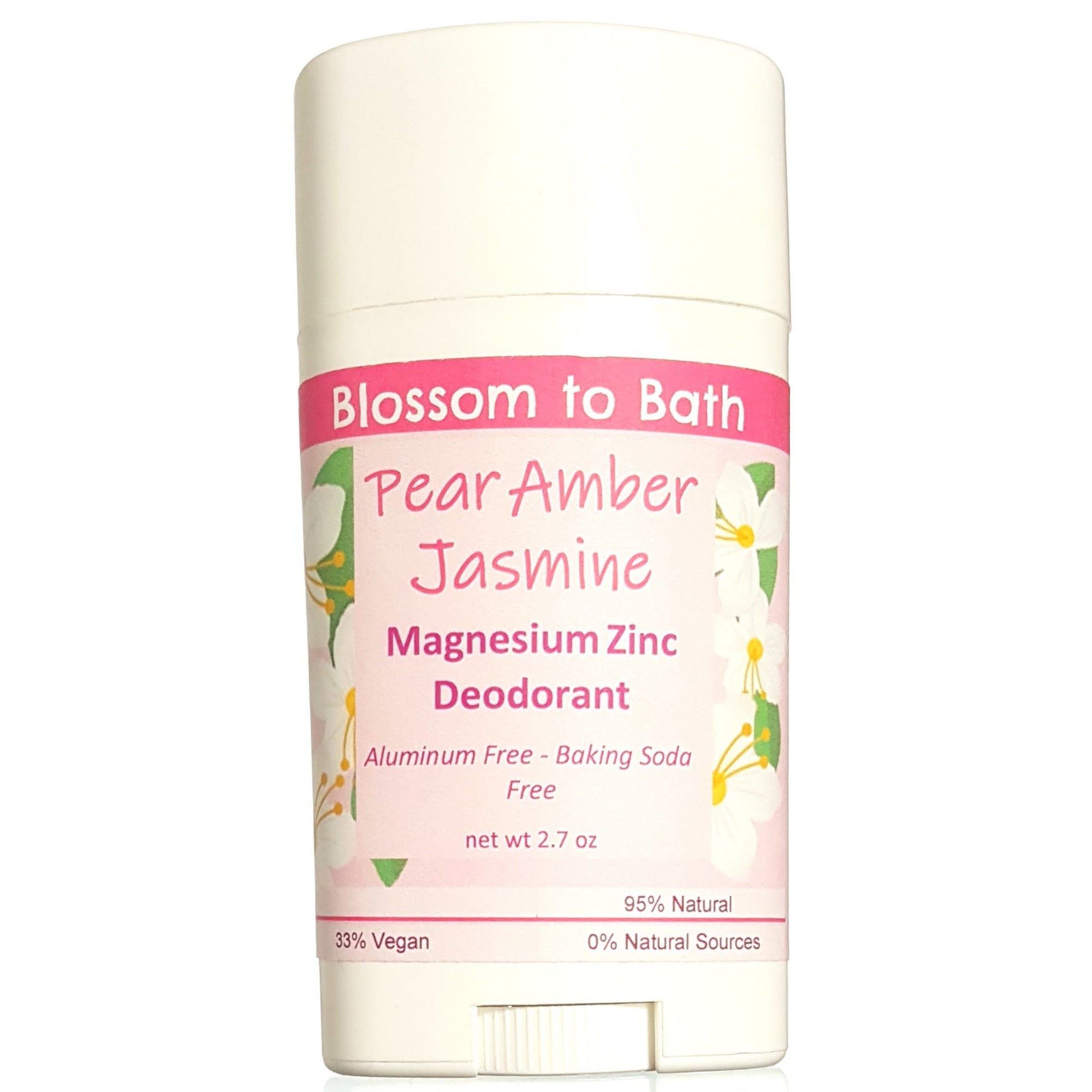 Buy Blossom to Bath Pear Amber Jasmine Magnesium Zinc Deodorant from Flowersong Soap Studio.  Long lasting protection made from organic botanicals and butters, made without baking soda, tested in the Arizona heat  A scent that lets you escape to an island paradise of pear, jasmine, and warm spices.