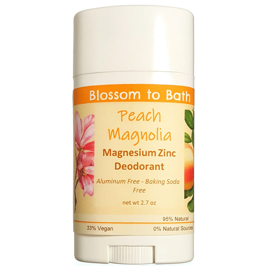 Buy Blossom to Bath Peach Magnolia Magnesium Zinc Deodorant from Flowersong Soap Studio.  Long lasting protection made from organic botanicals and butters, made without baking soda, tested in the Arizona heat  An intoxicating blend of peach, magnolia, and raspberry.
