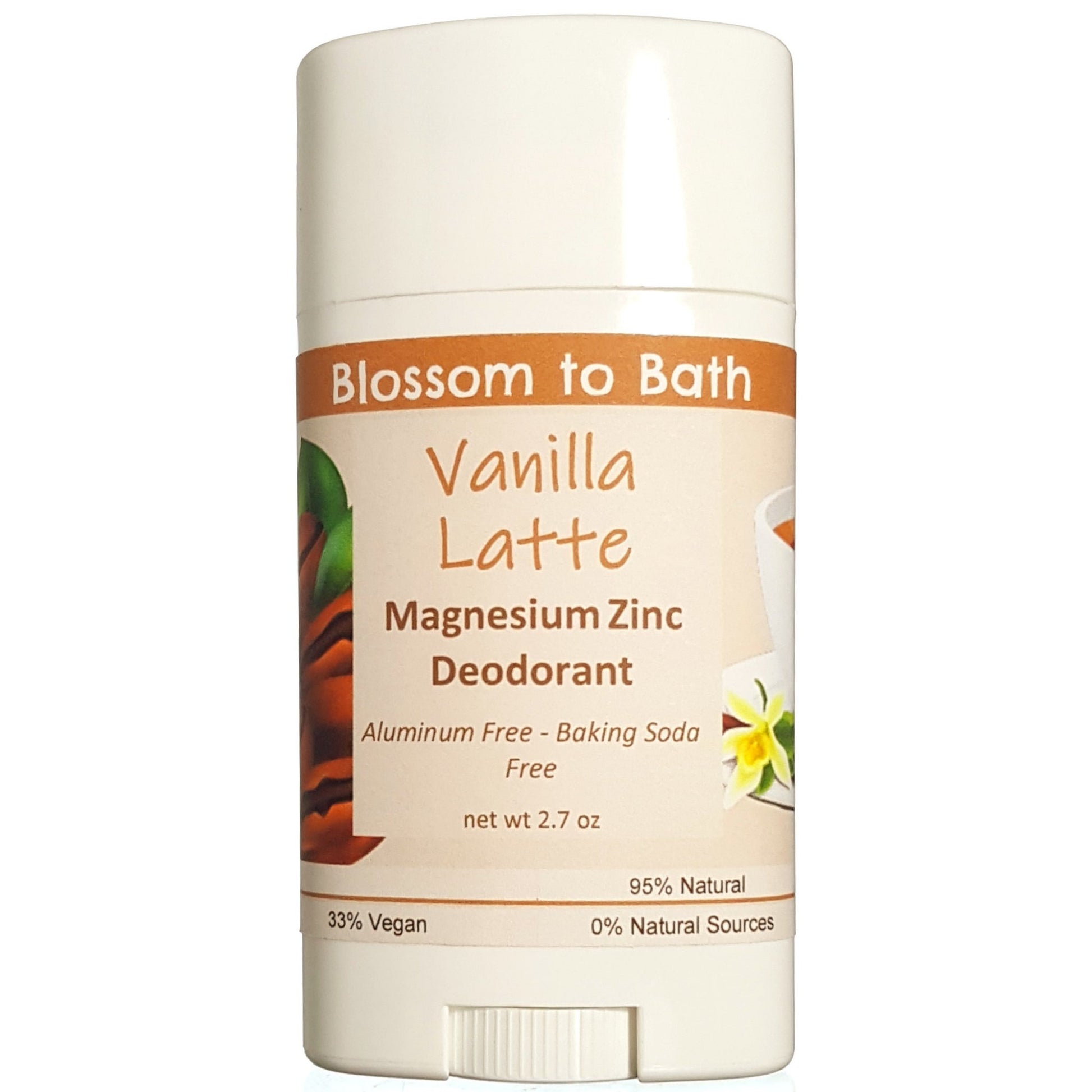 Buy Blossom to Bath Vanilla Latte Magnesium Zinc Deodorant from Flowersong Soap Studio.  Long lasting protection made from organic botanicals and butters, made without baking soda, tested in the Arizona heat  Sweetened vanilla combines with rich coffee to form the classic latte scent.