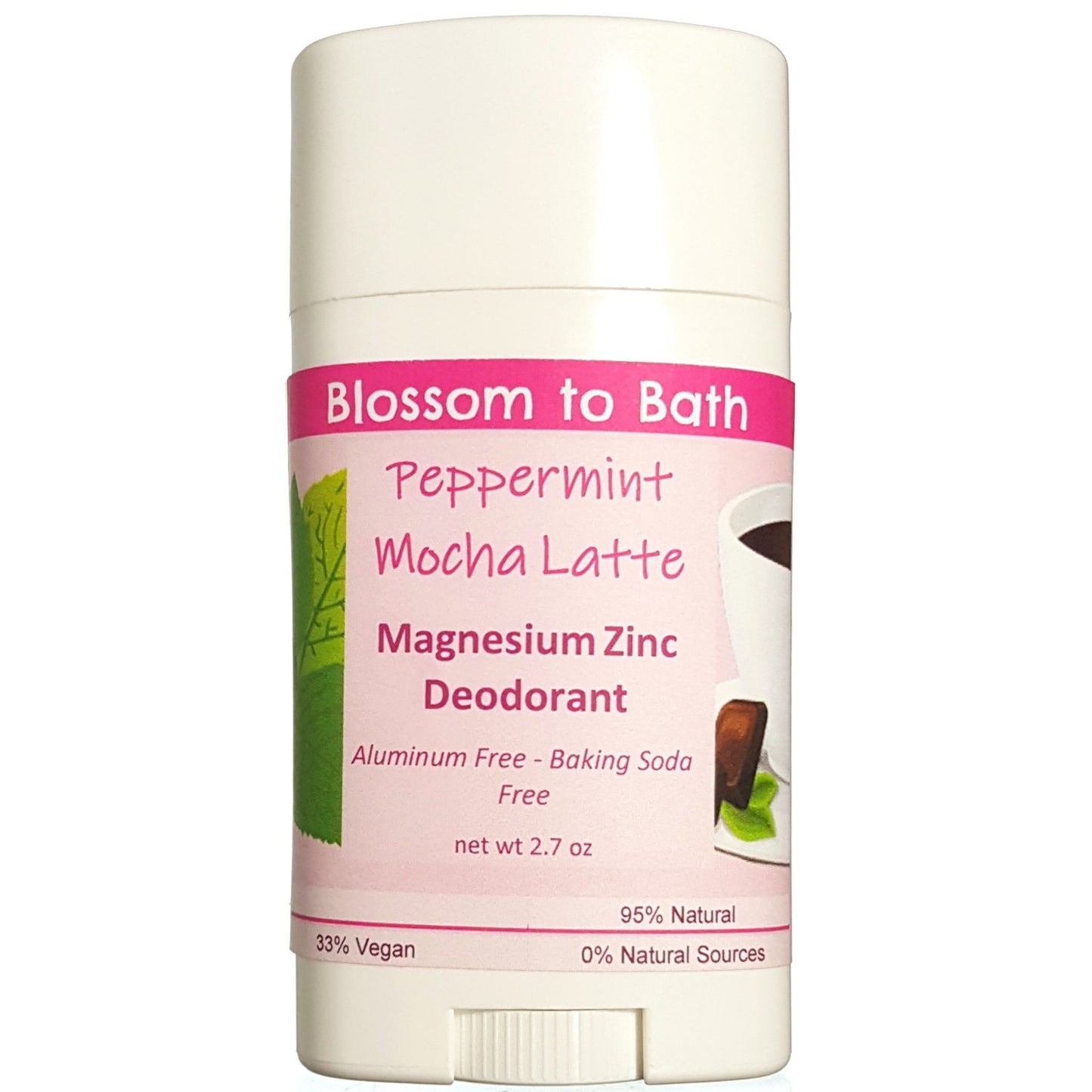 Buy Blossom to Bath Peppermint Mocha Latte Magnesium Zinc Deodorant from Flowersong Soap Studio.  Long lasting protection made from organic botanicals and butters, made without baking soda, tested in the Arizona heat  A confectionary blend of fresh mint, rich fudge, and coffee.