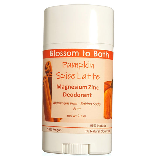 Buy Blossom to Bath Pumpkin Spice Latte Magnesium Zinc Deodorant from Flowersong Soap Studio.  Long lasting protection made from organic botanicals and butters, made without baking soda, tested in the Arizona heat  Deep vanilla and lightly fruited spice blend seamlessly with rich coffee.