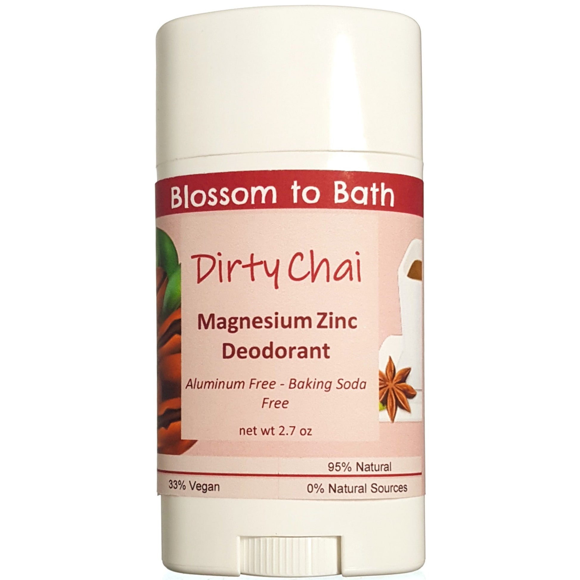 Buy Blossom to Bath Dirty Chai Magnesium Zinc Deodorant from Flowersong Soap Studio.  Long lasting protection made from organic botanicals and butters, made without baking soda, tested in the Arizona heat  A shot of rich espresso in a swirl of exotic warm clove and cardamom.