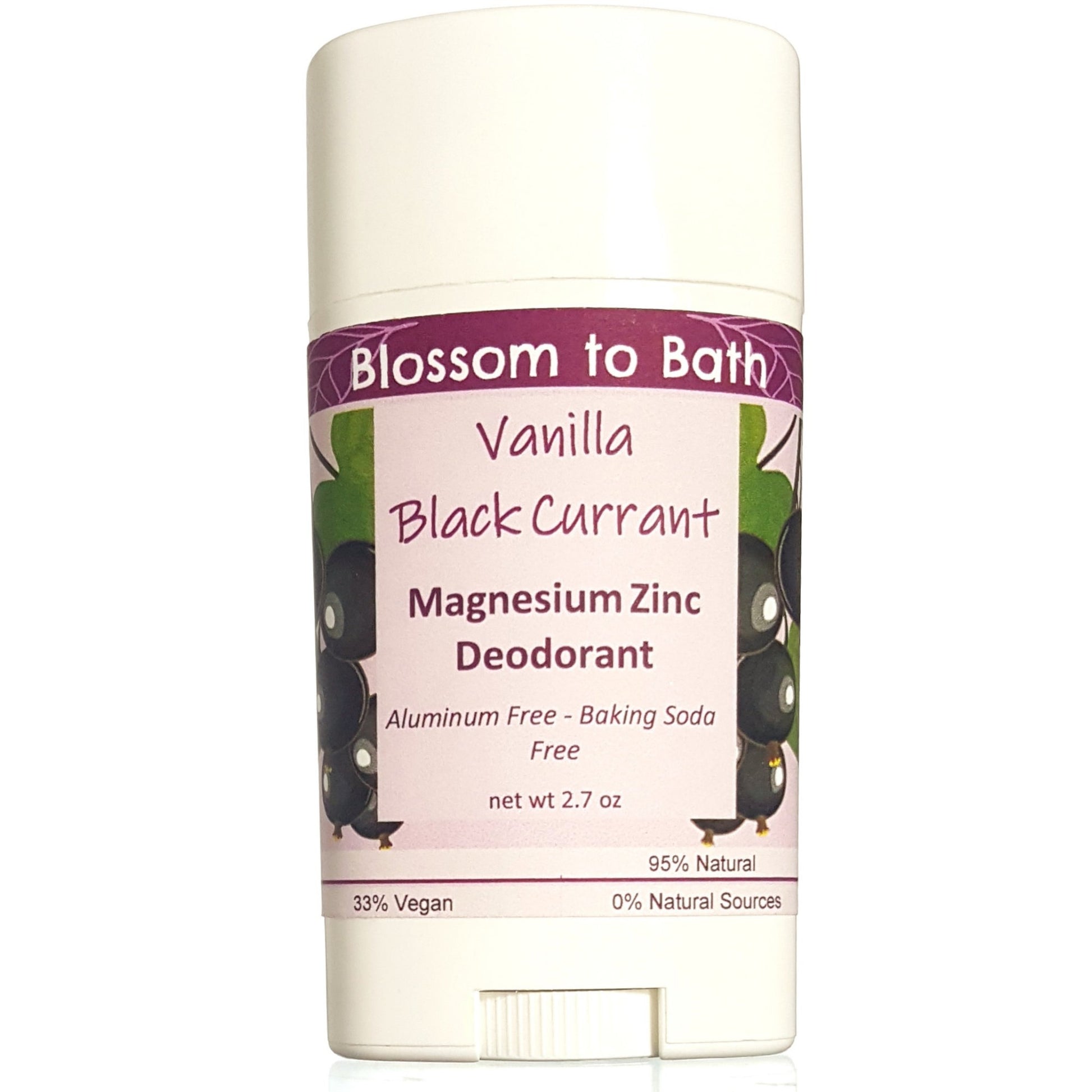 Buy Blossom to Bath Vanilla Black Currant Magnesium Zinc Deodorant from Flowersong Soap Studio.  Long lasting protection made from organic botanicals and butters, made without baking soda, tested in the Arizona heat  A sensuous rich berry scent with a hint of vanilla and a twist of freshness.