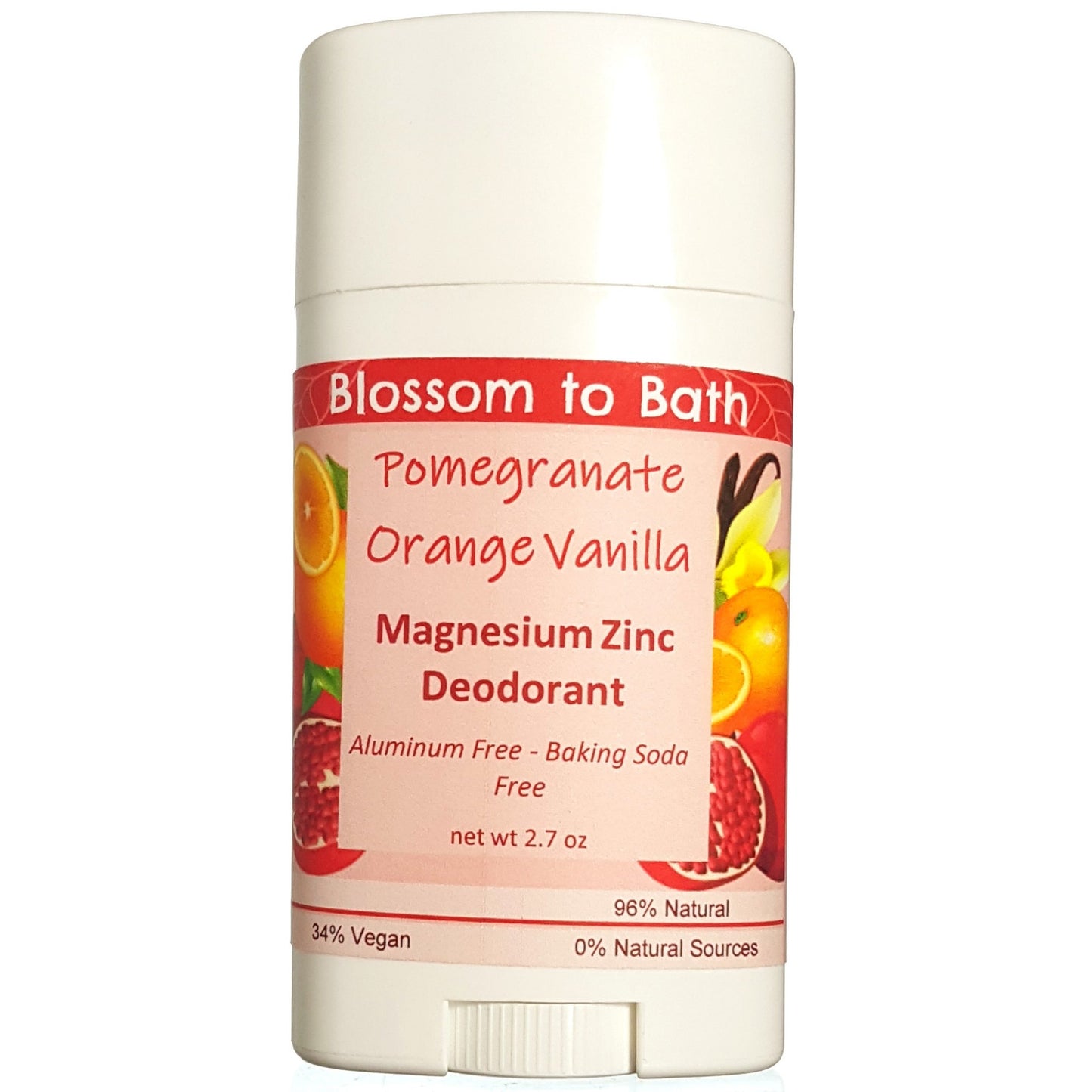 Buy Blossom to Bath Pomegranate Orange Vanilla Magnesium Zinc Deodorant from Flowersong Soap Studio.  Long lasting protection made from organic botanicals and butters, made without baking soda, tested in the Arizona heat  