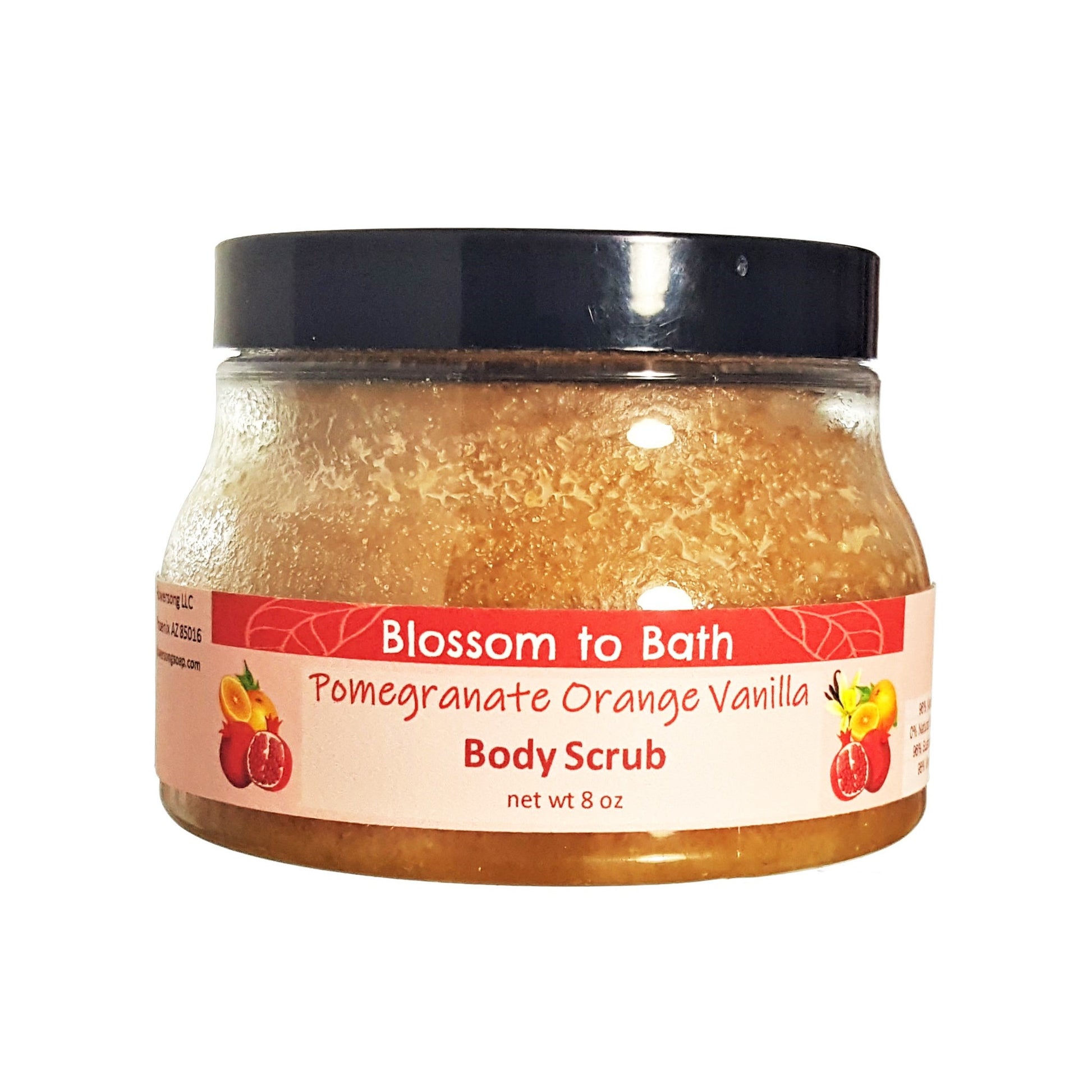 Buy Blossom to Bath Pomegranate Orange Vanilla Body Scrub from Flowersong Soap Studio.  Large crystal turbinado sugar plus luxury rich oils conveniently exfoliate and moisturize in one step  