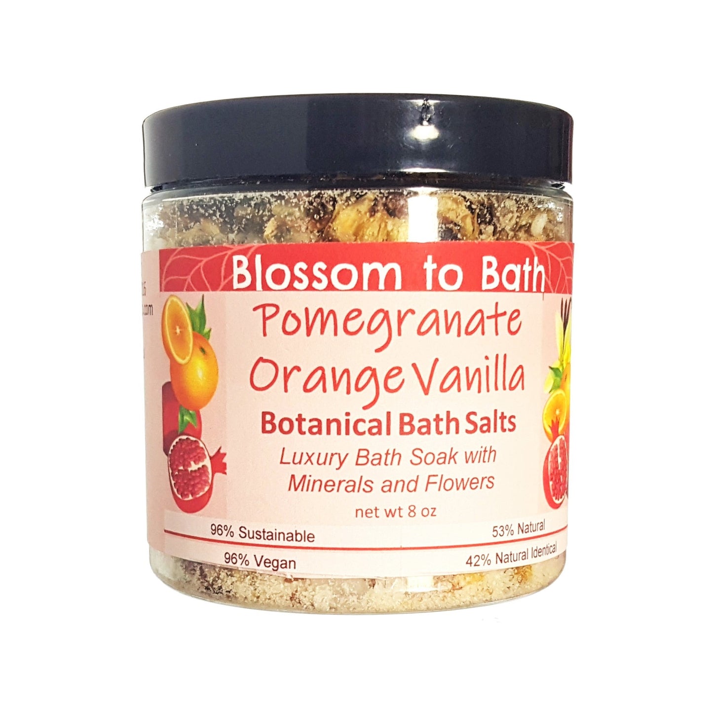 Buy Blossom to Bath Pomegranate Orange Vanilla Botanical Bath Salts from Flowersong Soap Studio.  A hand selected variety of skin loving botanicals and mineral rich salts for a unique, luxurious soaking experience  