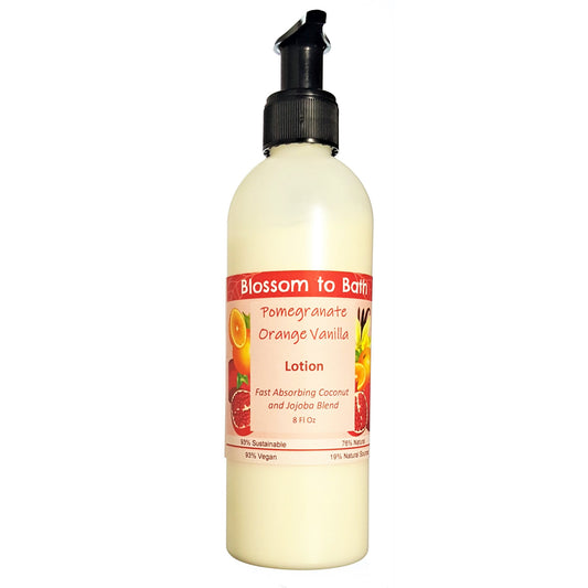 Buy Blossom to Bath Pomegranate Orange Vanilla Lotion from Flowersong Soap Studio.  Daily moisture luxury that soaks in quickly made with organic oils and butters that soften and smooth the skin  