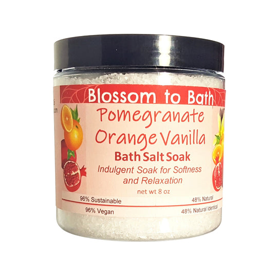 Buy Blossom to Bath Pomegranate Orange Vanilla Bath Salt Soak from Flowersong Soap Studio.  Scented epsom salts for a luxurious soaking experience  
