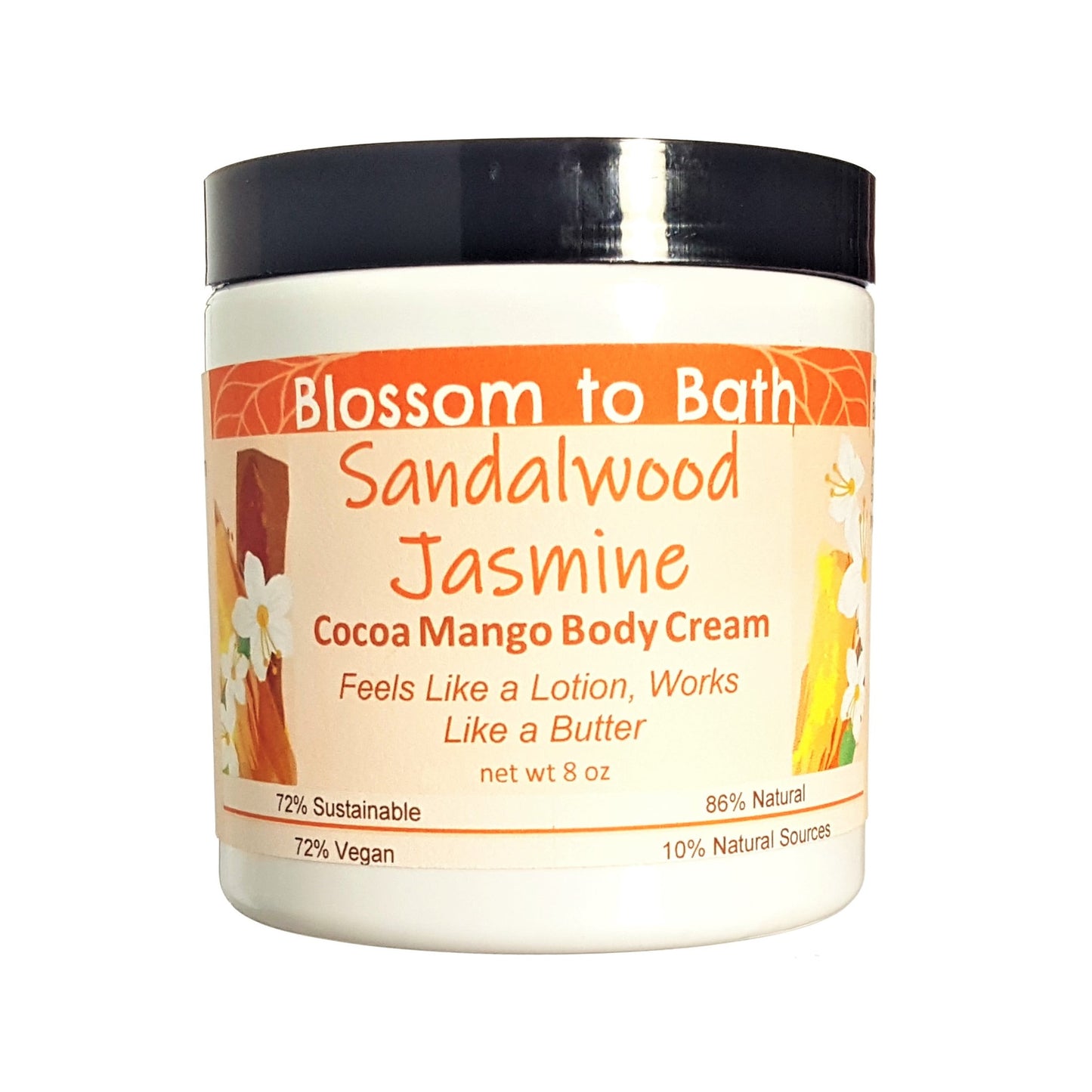 Buy Blossom to Bath Sandalwood Jasmine Cocoa Mango Body Cream from Flowersong Soap Studio.  Rich organic butters luxury soften and moisturize even the roughest skin all day  Floral jasmine meets earthy sandalwood to create a soul stirring blend.
