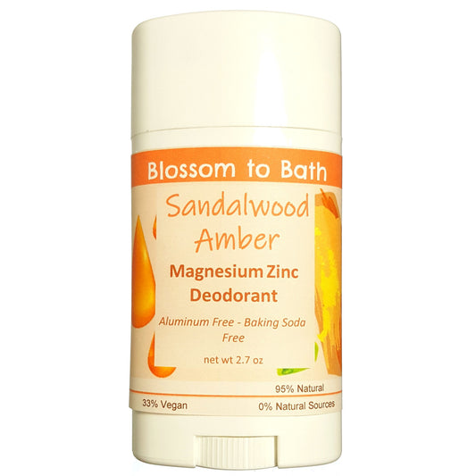 Buy Blossom to Bath Sandalwood Amber Magnesium Zinc Deodorant from Flowersong Soap Studio.  Long lasting protection made from organic botanicals and butters, made without baking soda, tested in the Arizona heat  An irresistible combination of warm sandalwood and spice.
