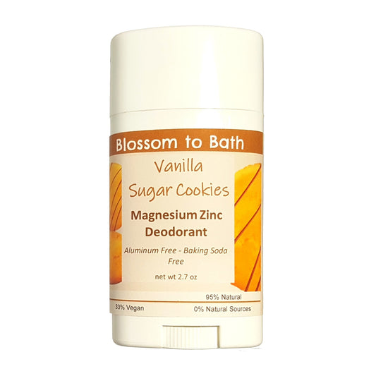 Buy Blossom to Bath Vanilla Sugar Cookies Magnesium Zinc Deodorant from Flowersong Soap Studio.  Long lasting protection made from organic botanicals and butters, made without baking soda, tested in the Arizona heat  Smells like sugar cookies in the oven.
