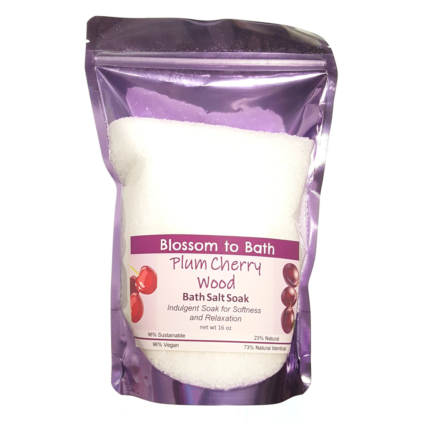 Buy Blossom to Bath Plum Cherry Wood Bath Salt Soak from Flowersong Soap Studio.  Scented epsom salts for a luxurious soaking experience  A charmingly sweet and woodsy fragrance.