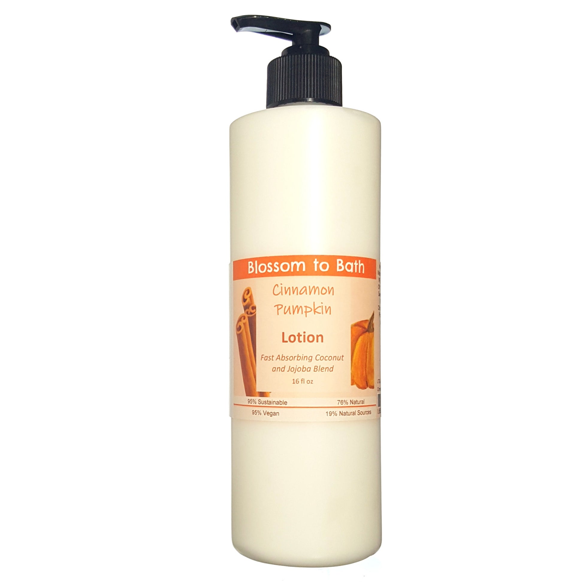 Buy Blossom to Bath Cinnamon Pumpkin Lotion from Flowersong Soap Studio.  Daily moisture luxury that soaks in quickly made with organic oils and butters that soften and smooth the skin  An engaging, cheerful scent filled with sweet vanilla and warm spice.