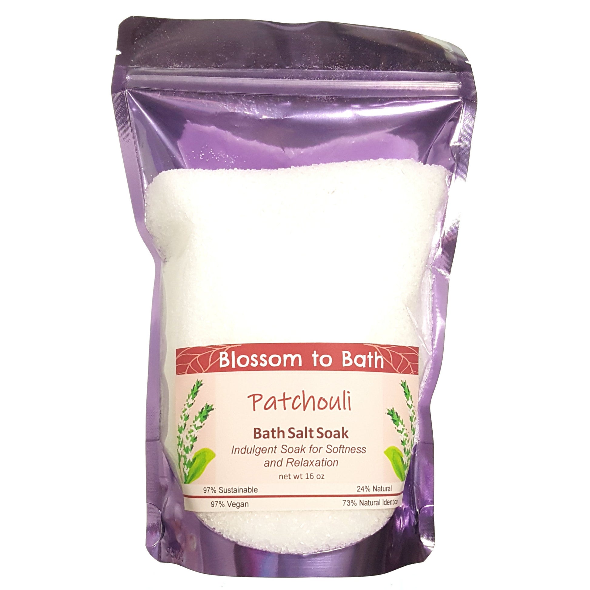 Buy Blossom to Bath Patchouli Bath Salt Soak from Flowersong Soap Studio.  Scented epsom salts for a luxurious soaking experience  The pure earthy, woody, spicy scent of straight Patchouli.
