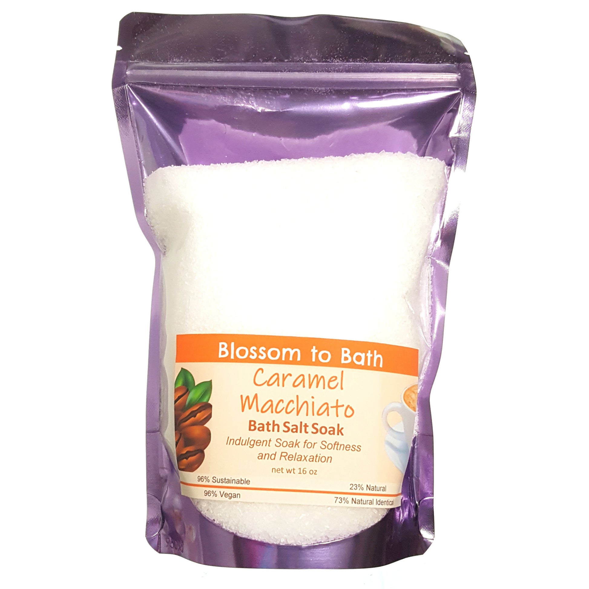Buy Blossom to Bath Caramel Macchiato Bath Salt Soak from Flowersong Soap Studio.  Scented epsom salts for a luxurious soaking experience  Luscious vanilla and warm rich caramel - a gourmet coffee experience with sweet caramel in a bed of vibrant coffee;