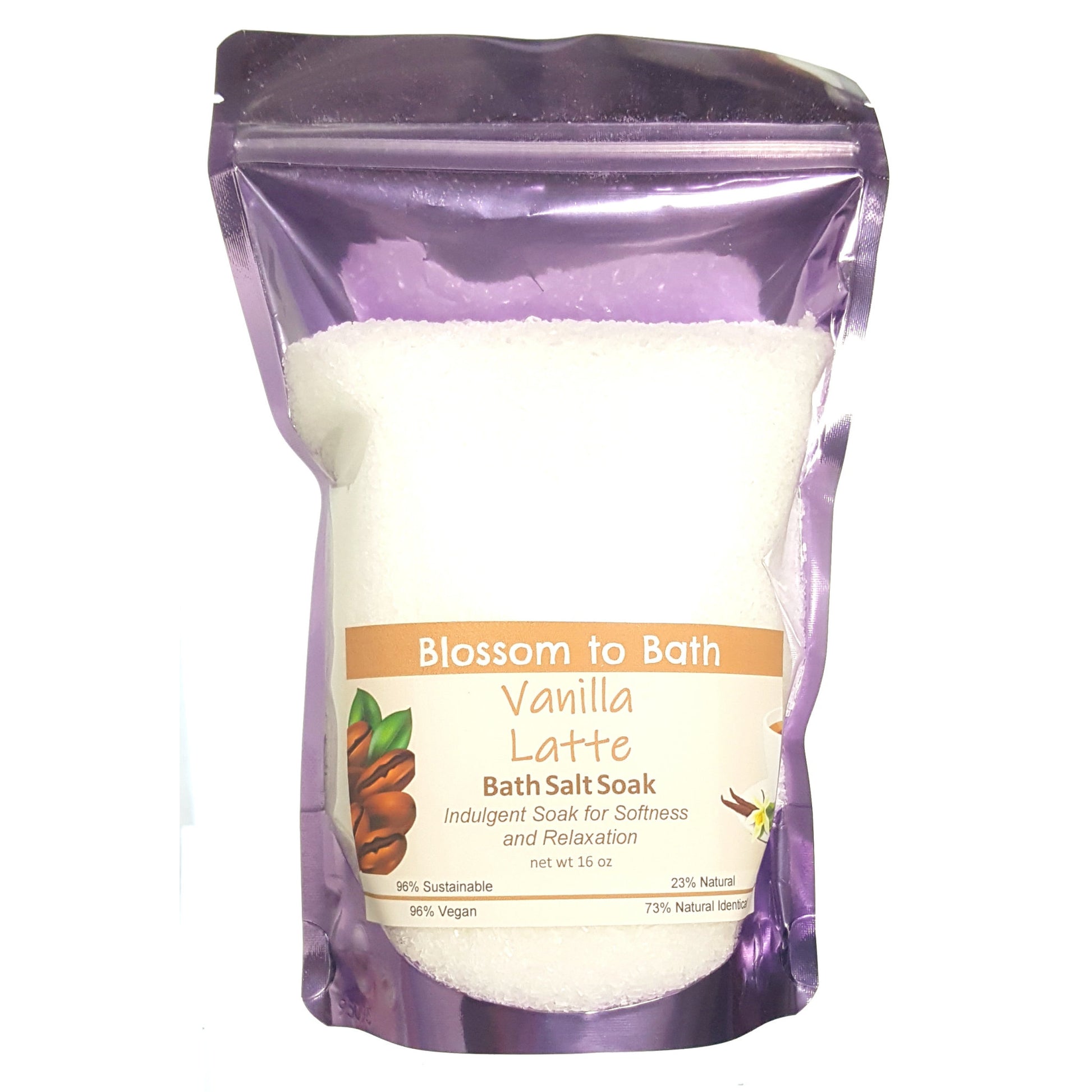 Buy Blossom to Bath Vanilla Latte Bath Salt Soak from Flowersong Soap Studio.  Scented epsom salts for a luxurious soaking experience  Sweetened vanilla combines with rich coffee to form the classic latte scent.