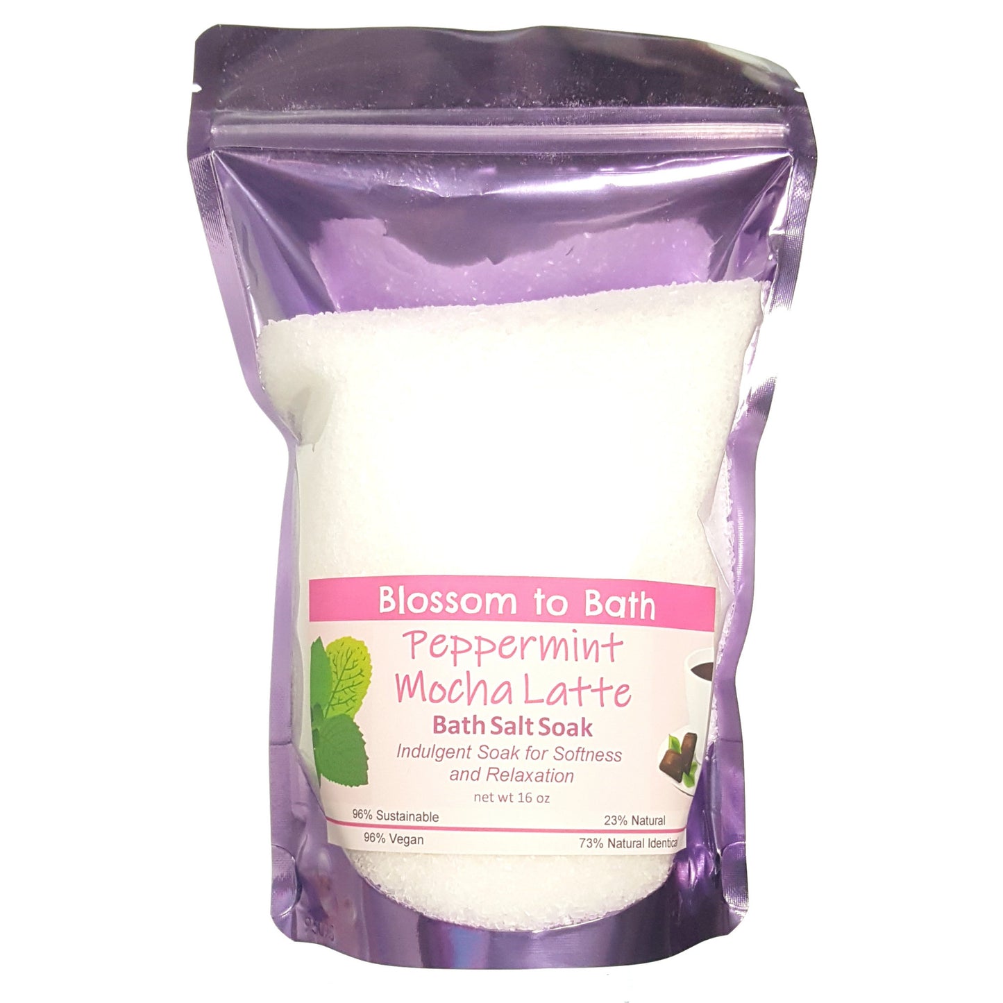 Buy Blossom to Bath Peppermint Mocha Latte Bath Salt Soak from Flowersong Soap Studio.  Scented epsom salts for a luxurious soaking experience  A confectionary blend of fresh mint, rich fudge, and coffee.