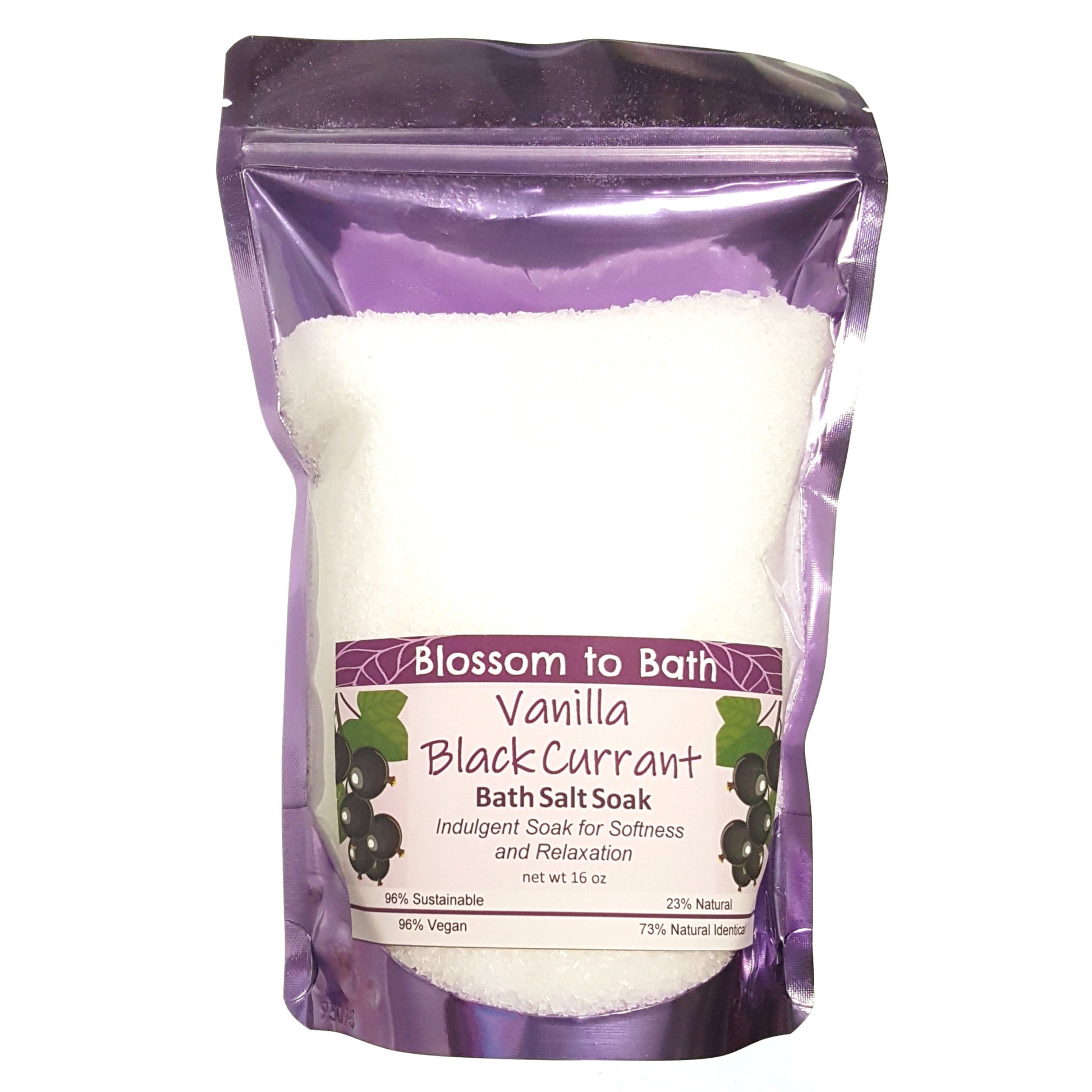 Buy Blossom to Bath Vanilla Black Currant Bath Salt Soak from Flowersong Soap Studio.  Scented epsom salts for a luxurious soaking experience  A sensuous rich berry scent with a hint of vanilla and a twist of freshness.