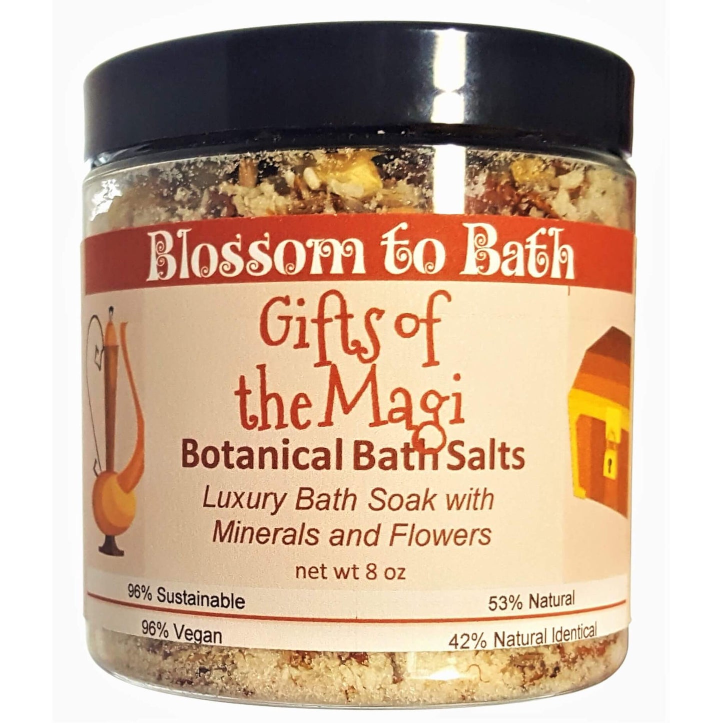 Buy Blossom to Bath Gifts of the Magi Botanical Bath Salts from Flowersong Soap Studio.  A hand selected variety of skin loving botanicals and mineral rich salts for a unique, luxurious soaking experience  Celebrate the soulful side of the holiday spirit with warm spices and incense.