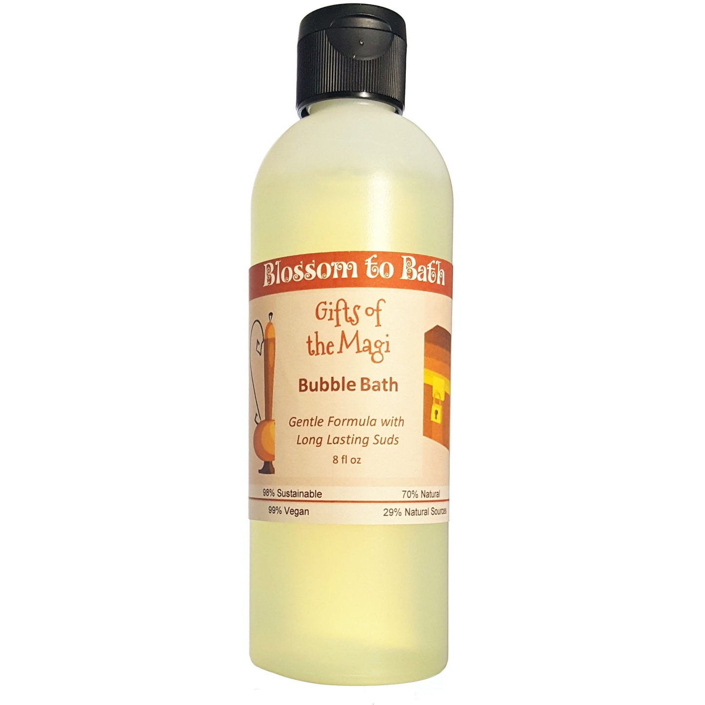 Buy Blossom to Bath Gifts of the Magi Bubble Bath from Flowersong Soap Studio.  Lively, long lasting  bubbles in a gentle plant based formula for maximum relaxation time  Celebrate the soulful side of the holiday spirit with warm spices and incense.