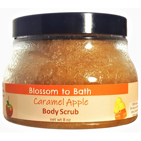 Buy Blossom to Bath Caramel Apple Body Scrub from Flowersong Soap Studio.  Large crystal turbinado sugar plus  rich oils conveniently exfoliate and moisturize in one step  Bright fresh apple and warm rich caramel - a joyful combination of crisp fruit wrapped in decadent sweetness.