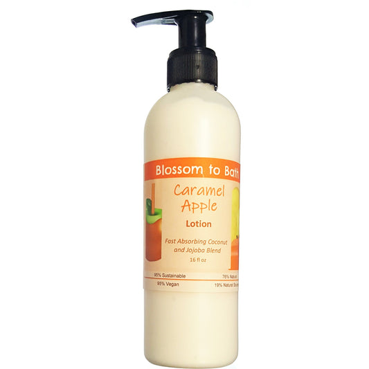 Buy Blossom to Bath Caramel Apple Lotion from Flowersong Soap Studio.  Daily moisture  that soaks in quickly made with organic oils and butters that soften and smooth the skin  Bright fresh apple and warm rich caramel - a joyful combination of crisp fruit wrapped in decadent sweetness.