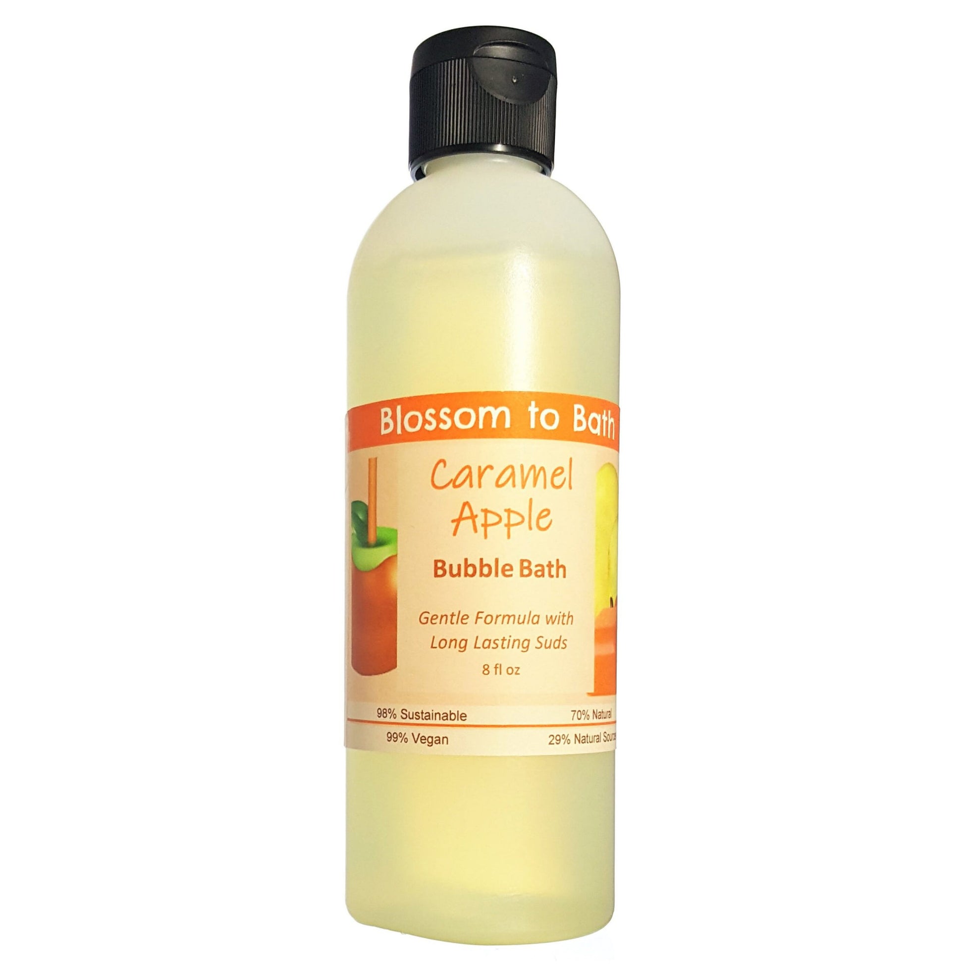 Buy Blossom to Bath Caramel Apple Bubble Bath from Flowersong Soap Studio.  Lively, long lasting  bubbles in a gentle plant based formula for maximum relaxation time  Bright fresh apple and warm rich caramel - a joyful combination of crisp fruit wrapped in decadent sweetness.
