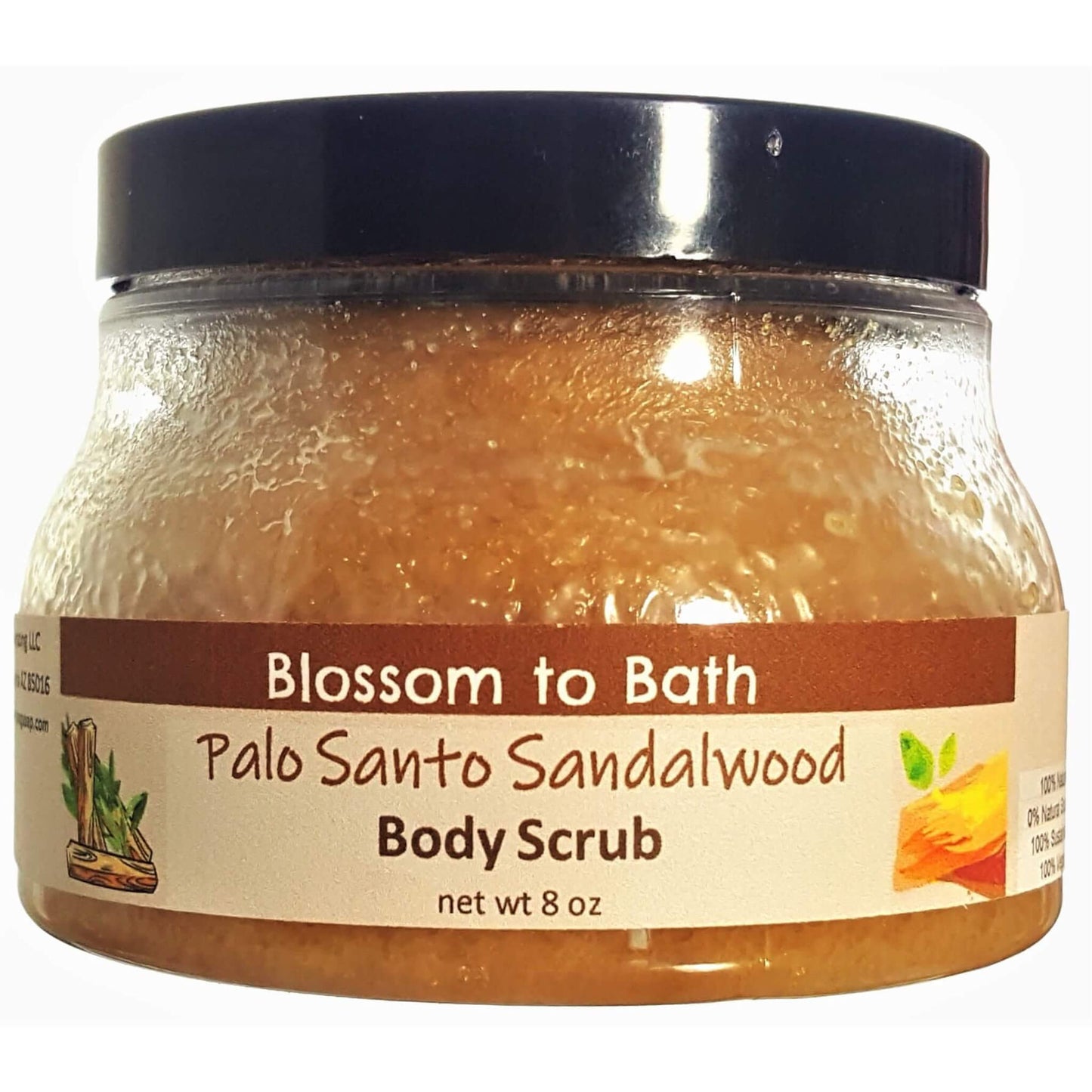Buy Blossom to Bath Palo Santo Sandalwood Body Scrub from Flowersong Soap Studio.  Large crystal turbinado sugar plus  rich oils conveniently exfoliate and moisturize in one step  A journey into the sacred, the exotic tones of this special blend resonate with warm woodiness that adds an uplifting vibration.