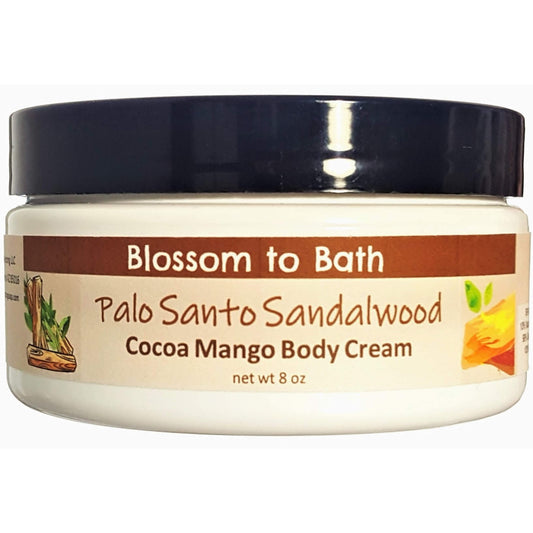 Buy Blossom to Bath Palo Santo Sandalwood Cocoa Mango Body Cream from Flowersong Soap Studio.  Rich organic butters  soften and moisturize even the roughest skin all day  A journey into the sacred, the exotic tones of this special blend resonate with warm woodiness that adds an uplifting vibration.