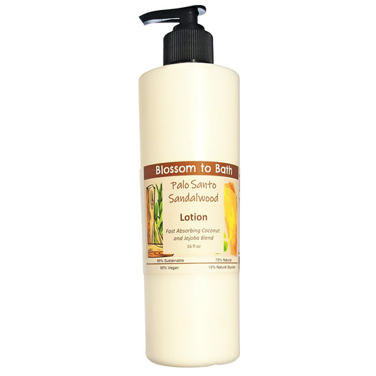 Buy Blossom to Bath Palo Santo Sandalwood Lotion from Flowersong Soap Studio.  Daily moisture luxury that soaks in quickly made with organic oils and butters that soften and smooth the skin  A journey into the sacred, the exotic tones of this special blend resonate with warm woodiness that adds an uplifting vibration.